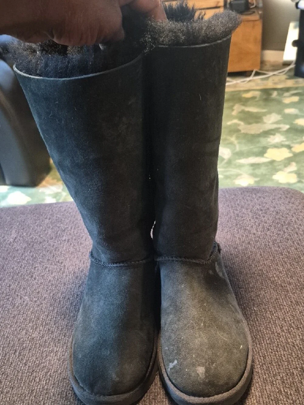 UGG Black Suede Mid-Calf Shearling Boots with Back Bow Detail